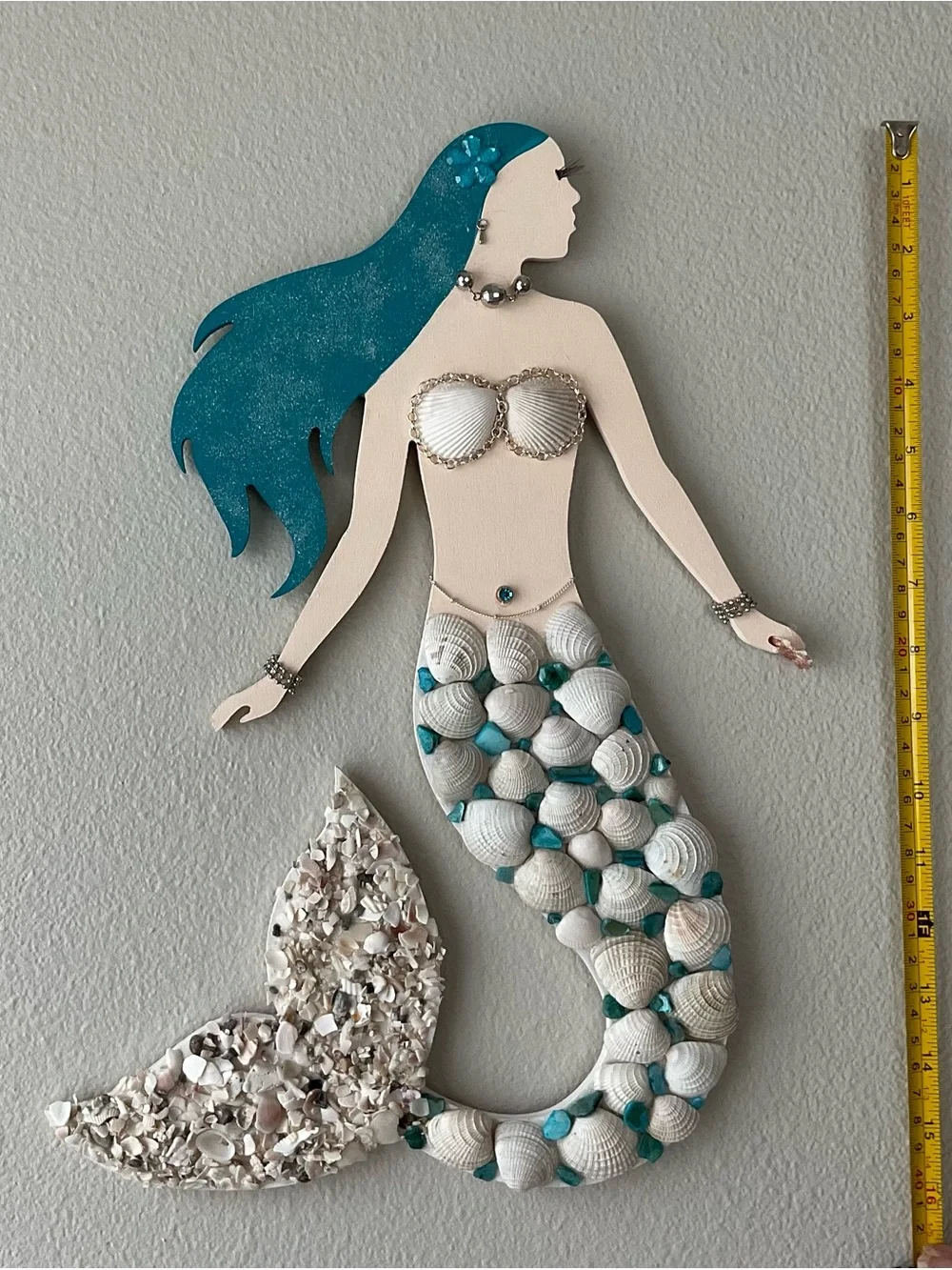 Handcrafted Mermaid Shell Wall Decor in Teal and Cream